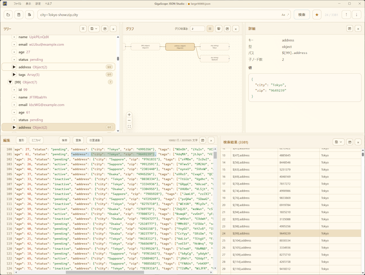 GigaScope JSON Worksのlightテーマで全ペイン表示